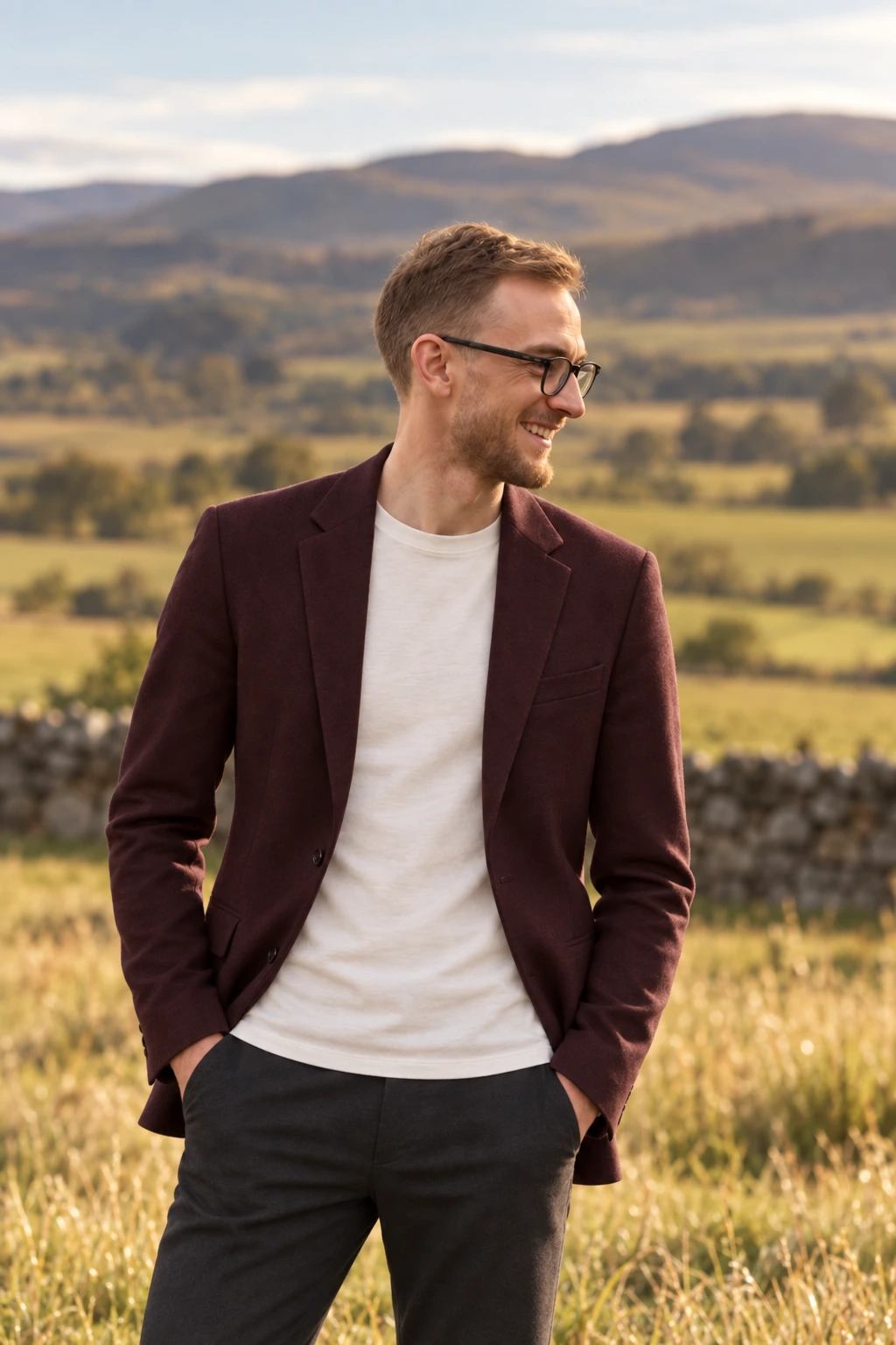 Samuel McHargue wearing glasses and a burgundy blazer in a countryside setting.